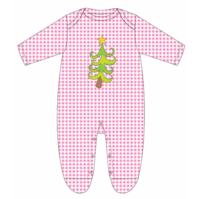 Girls Pink Gingham Onesie w Christmas Tree