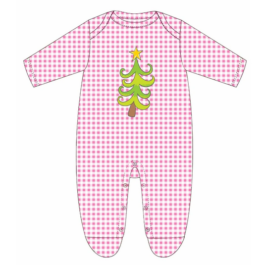 Girls Pink Gingham Onesie w Christmas Tree